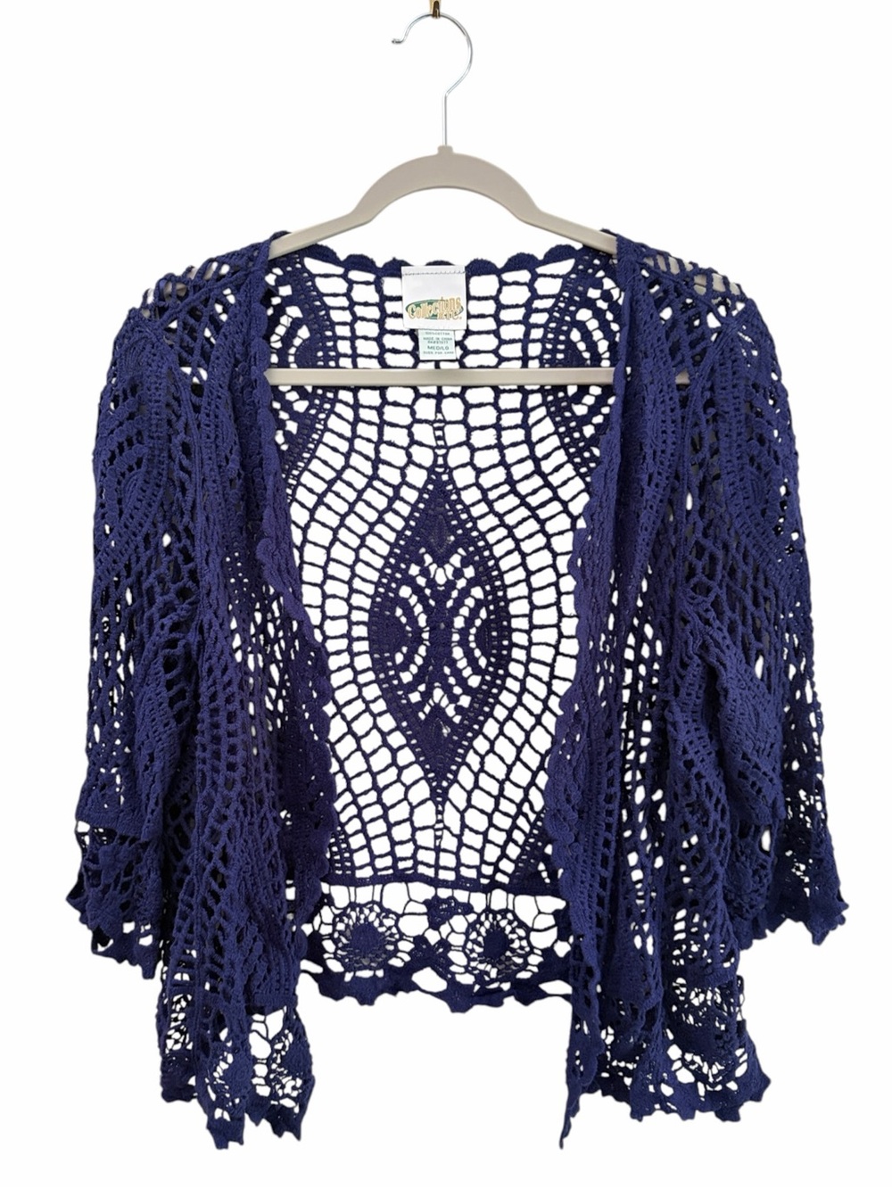 Collections Etc. Boho Festival Royal Purple Crochet Open-Front Cardigan Size M/L